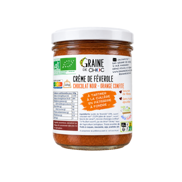 Crème de féverole chocolat noir orange confite