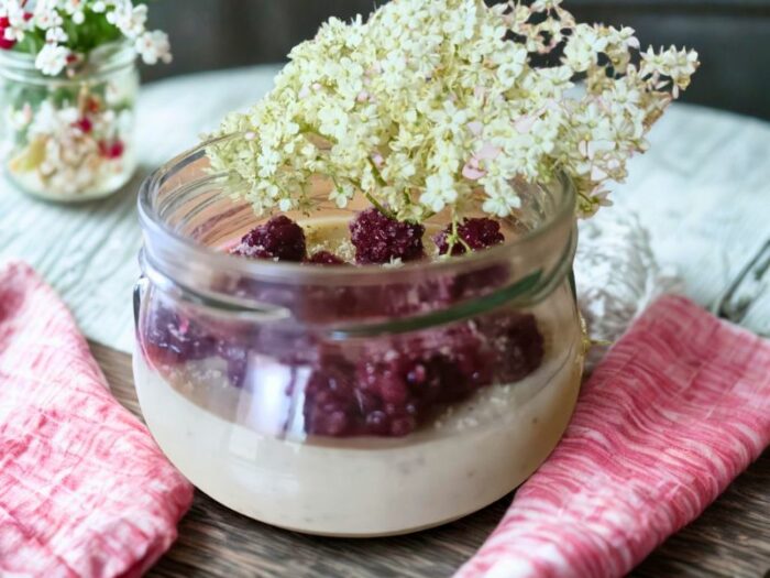 Crémeux à la semoule de féverole, fleur de sureau et fruits rouges