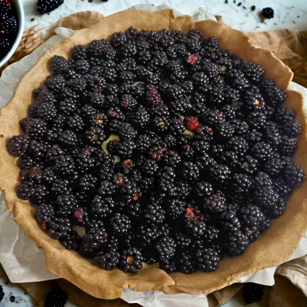 Tarte aux mûres, semoule de féverole au lait et amande