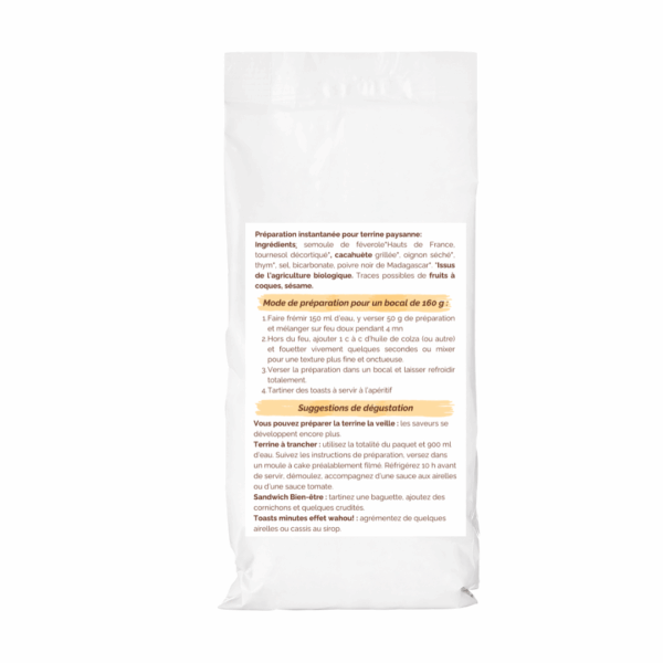 Préparation végétale instantanée pour terrine paysanne à base de féverole, sans gluten, riche en fibres et en protéines Préparation végétale instantanée pour terrine paysanne à base de féverole, sans gluten, riche en fibres et en protéines