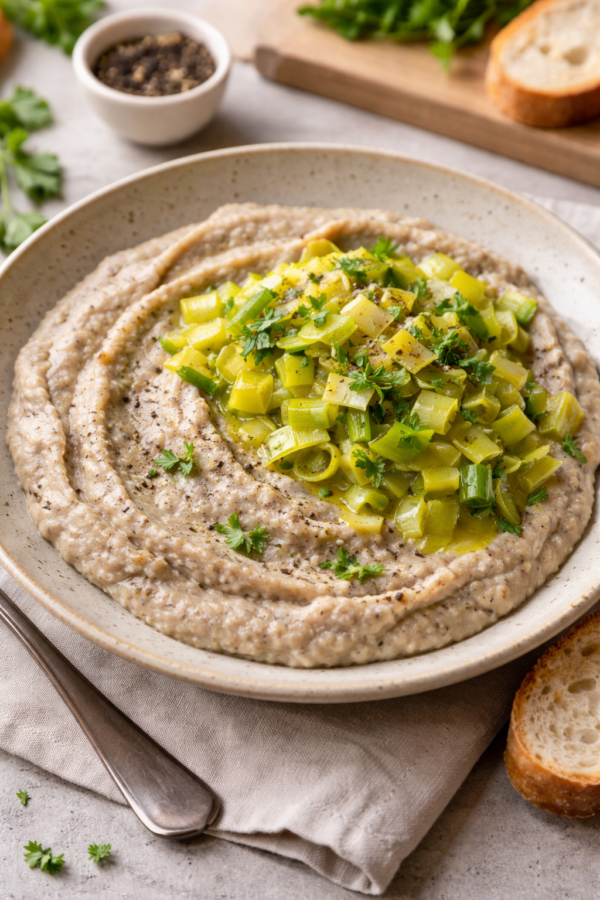 Purée de féverole semi complète, fondue de poireau