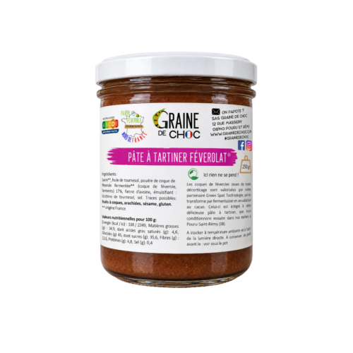 Féverolat, pâte à tartiner à base de coques de féverole fermentée Féverolat, pâte à tartiner à base de coques de féverole fermentée, réduite en sucre et riche en fibres
