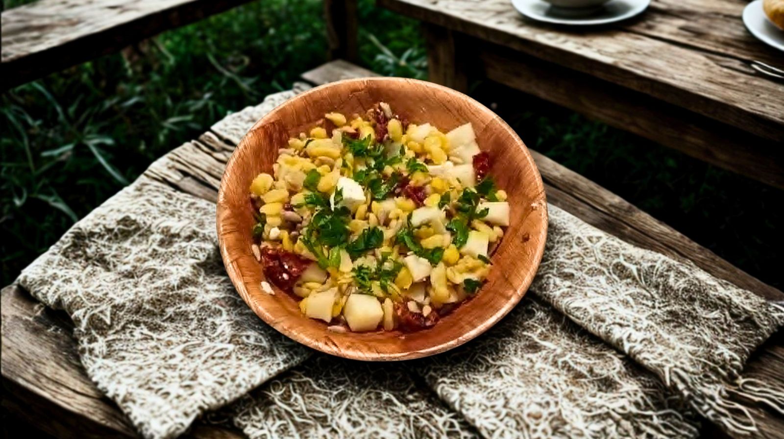 Salade de féverole et chou rave, tomates séchées et feta