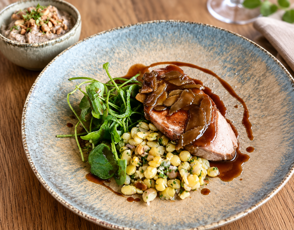 Filet de cochon, féverole croquante, pourpier échalote, et sa polenta de féverole aux noisettes